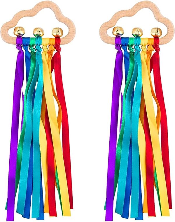 2 Pcs Waldorf Rainbow Hand Ribbon Kite Montessori Wooden Baby Toys Rainbow Twirler Stick with Bell for Babies Toddler Sensory Toys Rings