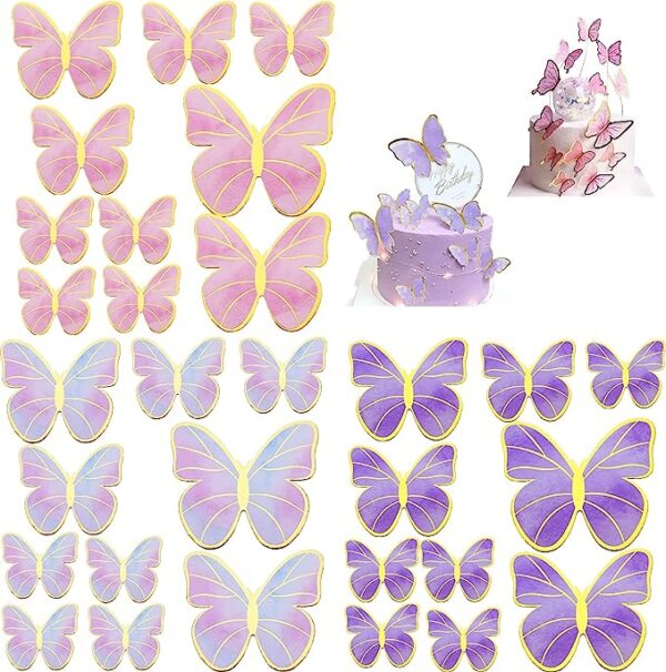 60Pcs Gold Pink Purple Lively 3D Butterfly Cupcake Topper, Birthday Wedding Party Cake Wall Butterflies Food Decorations Color Mixed Size