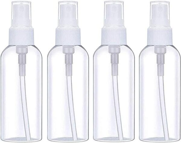 Portable Mini Spray Bottles 4 Pack, 2oz/50ml Clear Empty Fine Mist Plastic Travel Refillable Cosmetic Spray Bottles Set, Small Refillable Liquid Containers